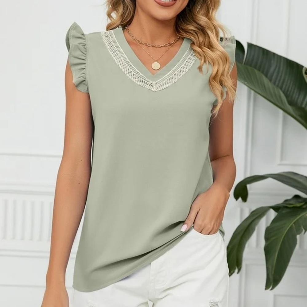 Lace Neckline Casual Ruffle Short Sleeve V Neck Top